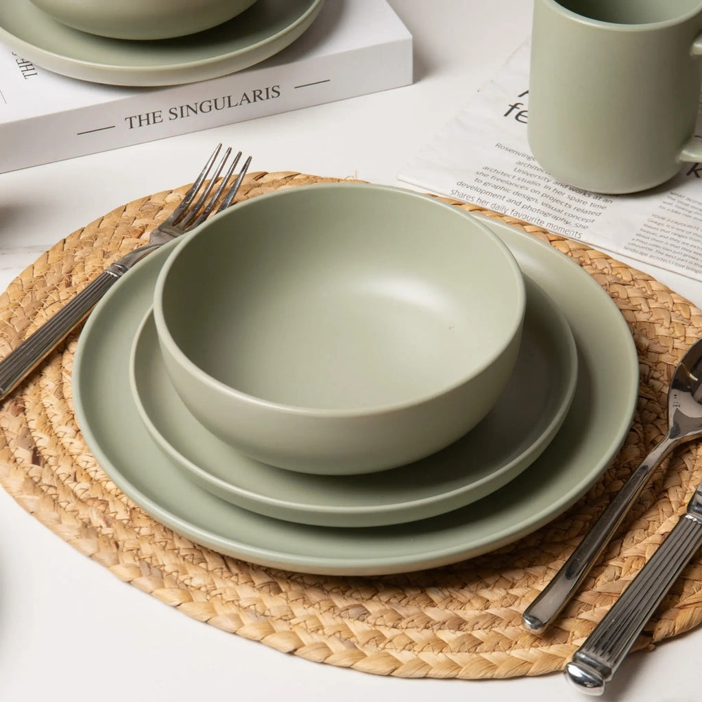 12-Piece Stoneware Dinner Plates Bowls Sets  Microwave  Dishwasher Safe  Non-Toxic Dinner Plates Bowls Set  Stackable Matte Glaze Kitchenware For 4