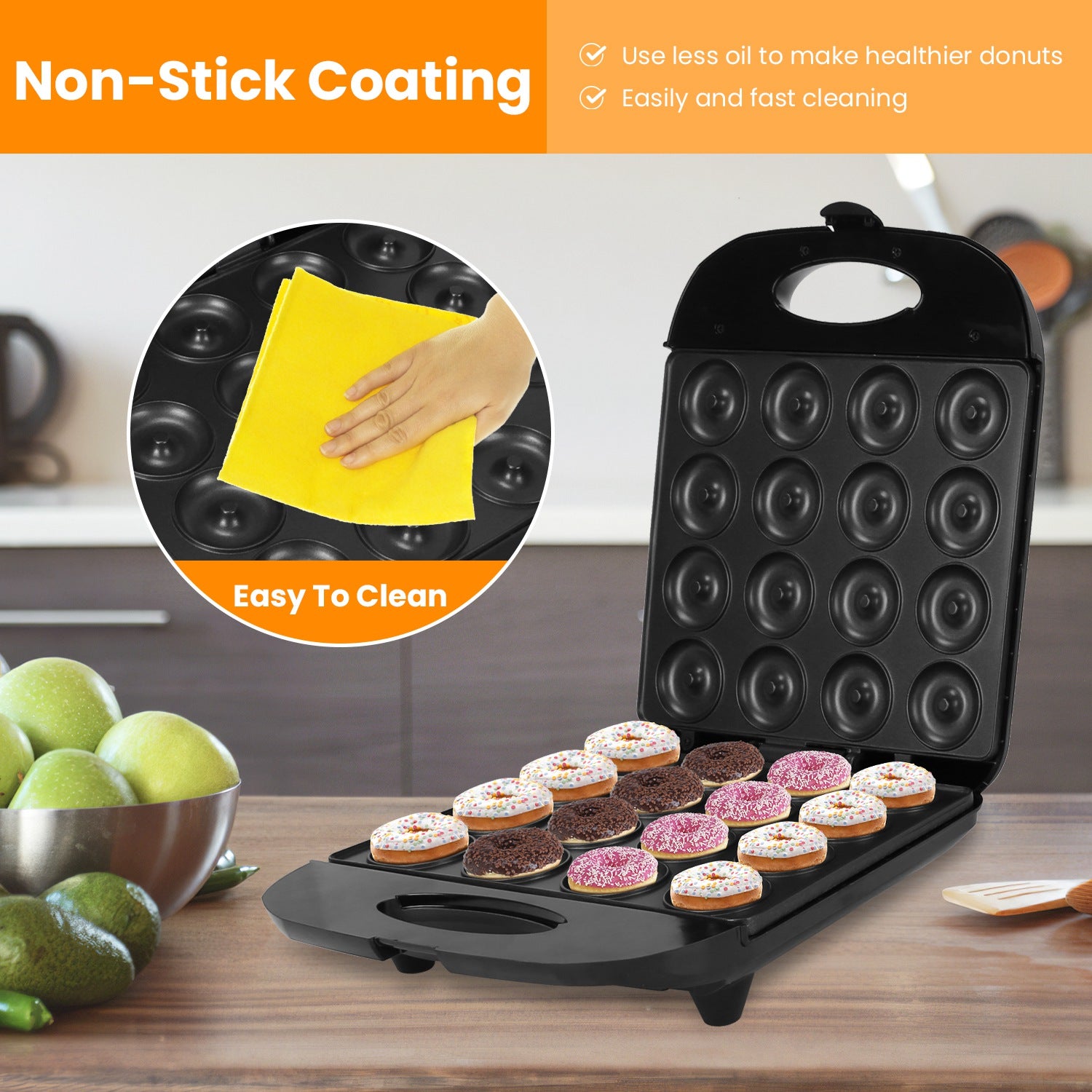 1Pc Mini Donut Maker Machine For Kids Snack Breakfast Desserts With 16 Doughnuts Holes Non Stick Coating Double-Side Heating Plates Overheating Protection