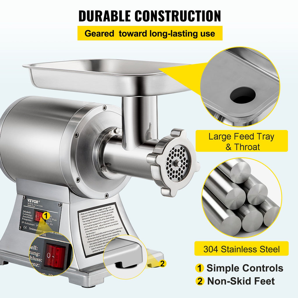 Commercial Meat Grinder,550LB H 1100W Electric Meat Grinder, 220 RPM Heavy Duty Stainless Steel Industrial Meat Mincer W 2 Blades, Grinding Plates  Stuffing Tubes