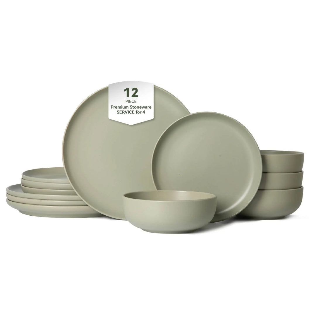 12-Piece Stoneware Dinner Plates Bowls Sets  Microwave  Dishwasher Safe  Non-Toxic Dinner Plates Bowls Set  Stackable Matte Glaze Kitchenware For 4