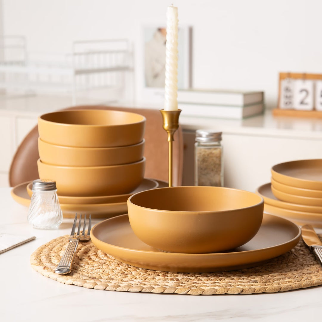 12-Piece Stoneware Dinner Plates Bowls Sets   Microwave & Dishwasher Safe   Non-Toxic Dinner Plates Bowls Set   Stackable Matte Glaze Kitchenware For 4