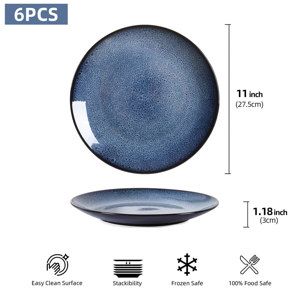 Modern Ceramic Dinner Plates Set of 6 – Blue Steak, Pasta, Salad & Dessert Plates – Microwave & Dishwasher Safe