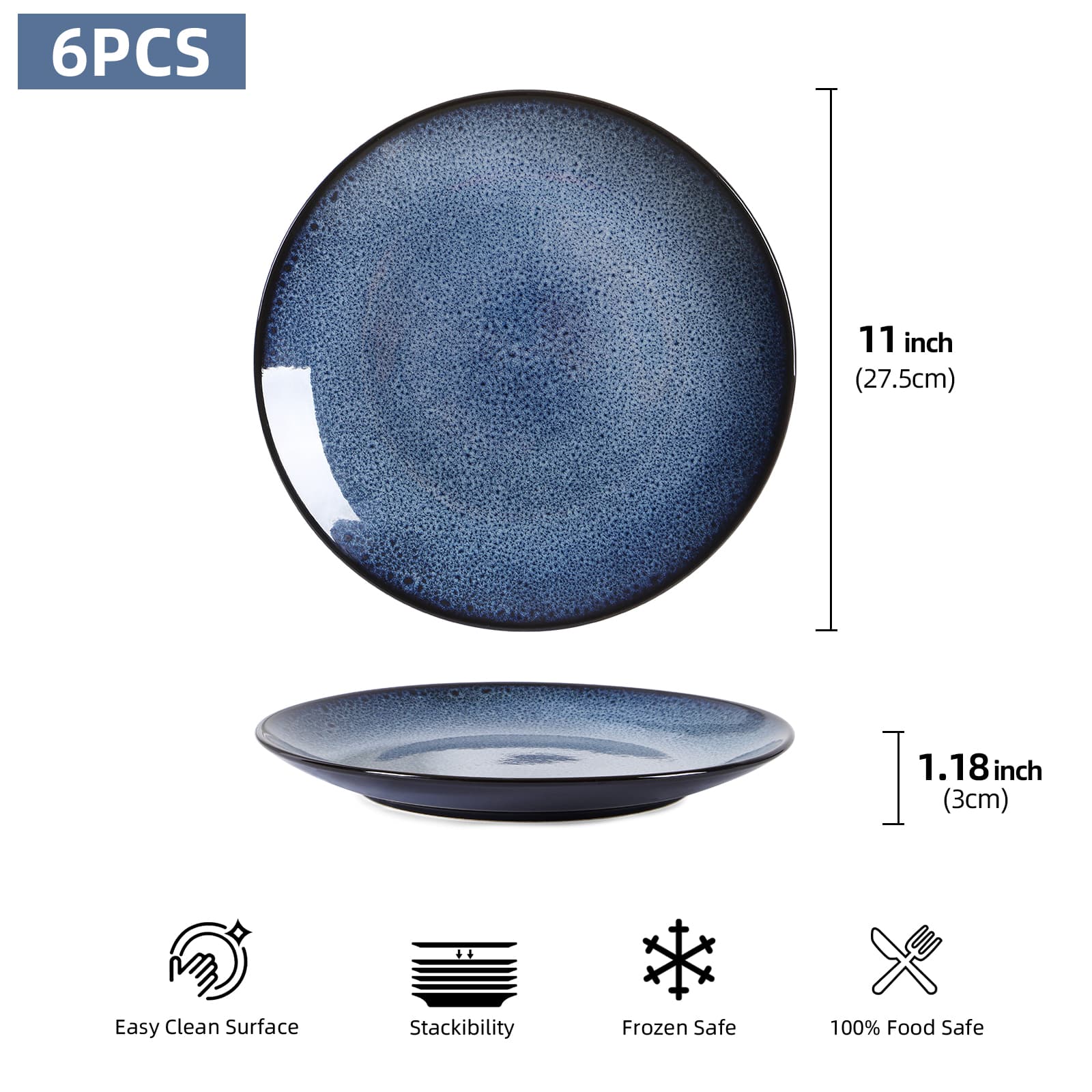 Modern Ceramic Dinner Plates Set of 6 – Blue Steak, Pasta, Salad & Dessert Plates – Microwave & Dishwasher Safe