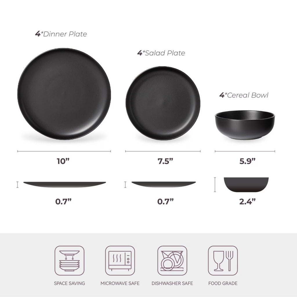 12-Piece Stoneware Dinner Plates Bowls Sets  Microwave & Dishwasher Safe   Non-Toxic Dinner Plates Bowls Set   Stackable Matte Glaze Kitchenware For 4