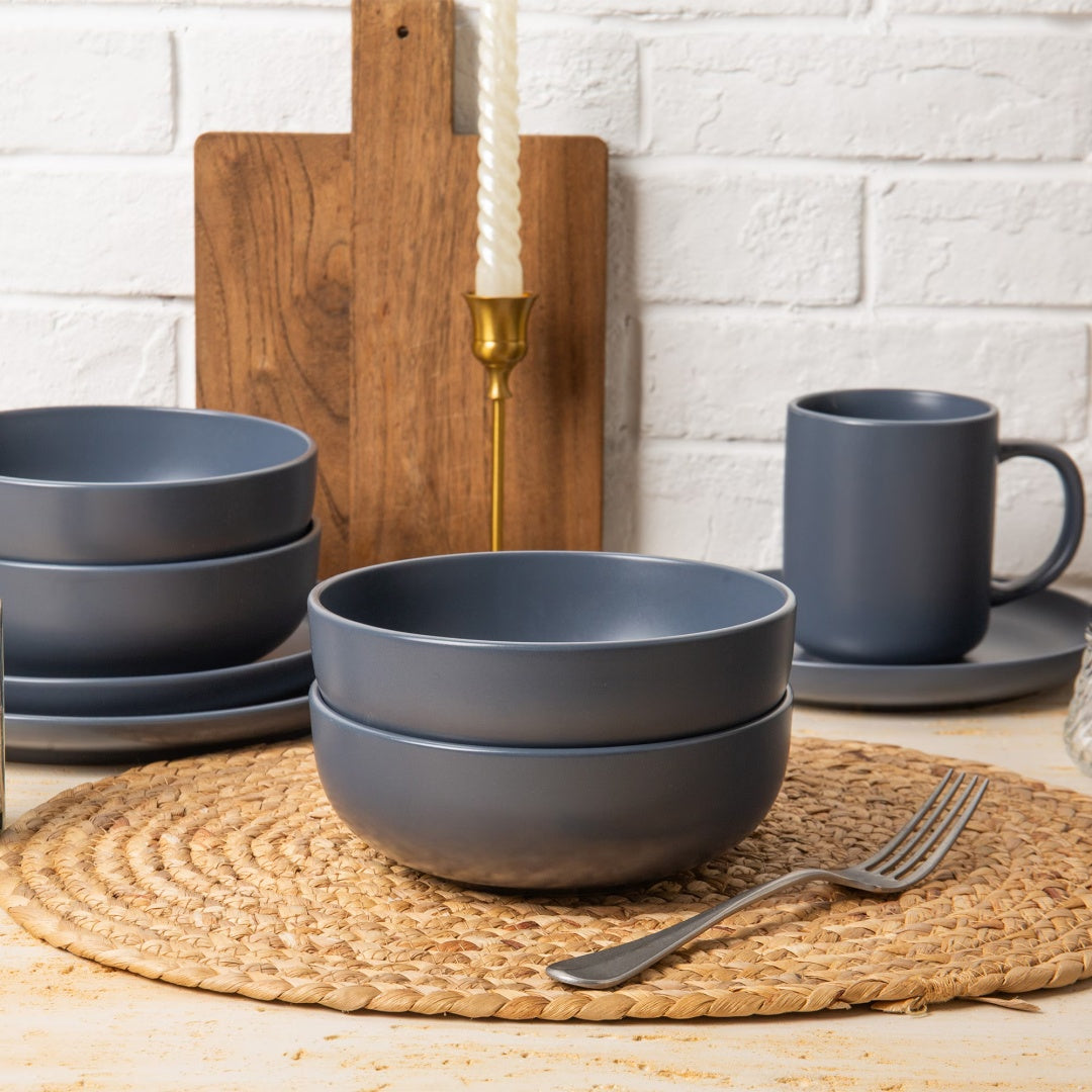 12-Piece Stoneware Dinner Plates Bowls Sets  Microwave & Dishwasher Safe   Non-Toxic Dinner Plates Bowls Set  Stackable Matte Glaze Kitchenware For 4