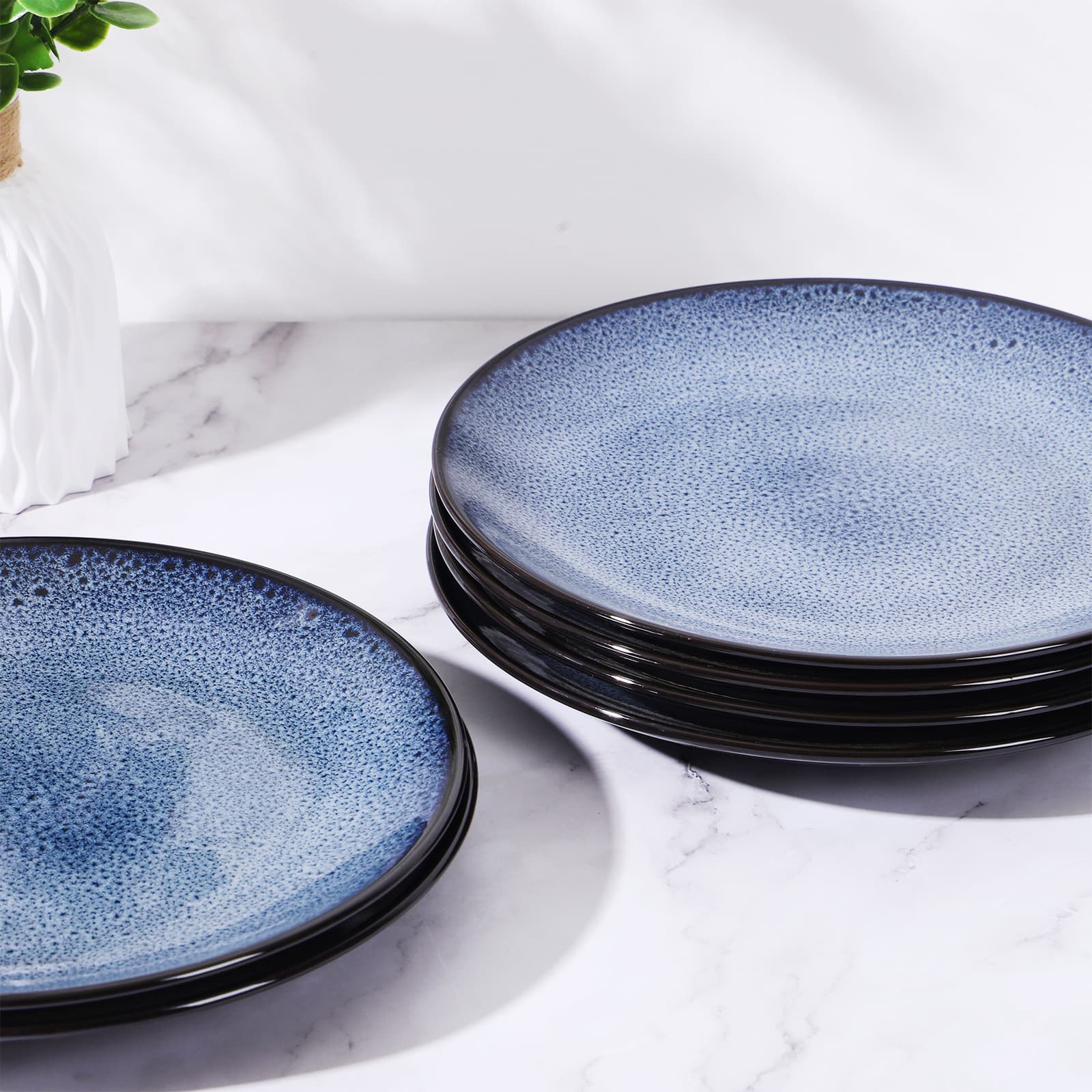 Modern Ceramic Dinner Plates Set of 6 – Blue Steak, Pasta, Salad & Dessert Plates – Microwave & Dishwasher Safe