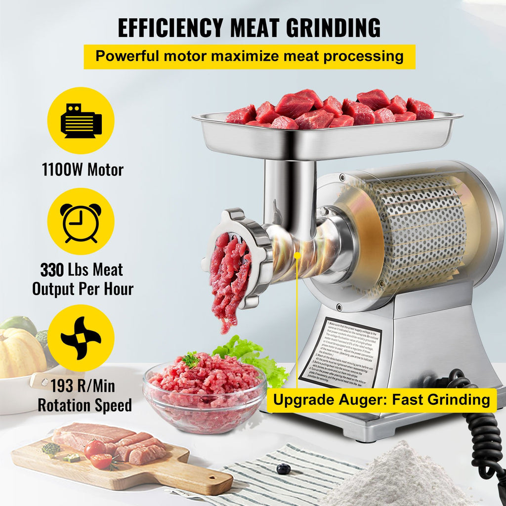 Commercial Meat Grinder,550LB H 1100W Electric Meat Grinder, 220 RPM Heavy Duty Stainless Steel Industrial Meat Mincer W 2 Blades, Grinding Plates  Stuffing Tubes