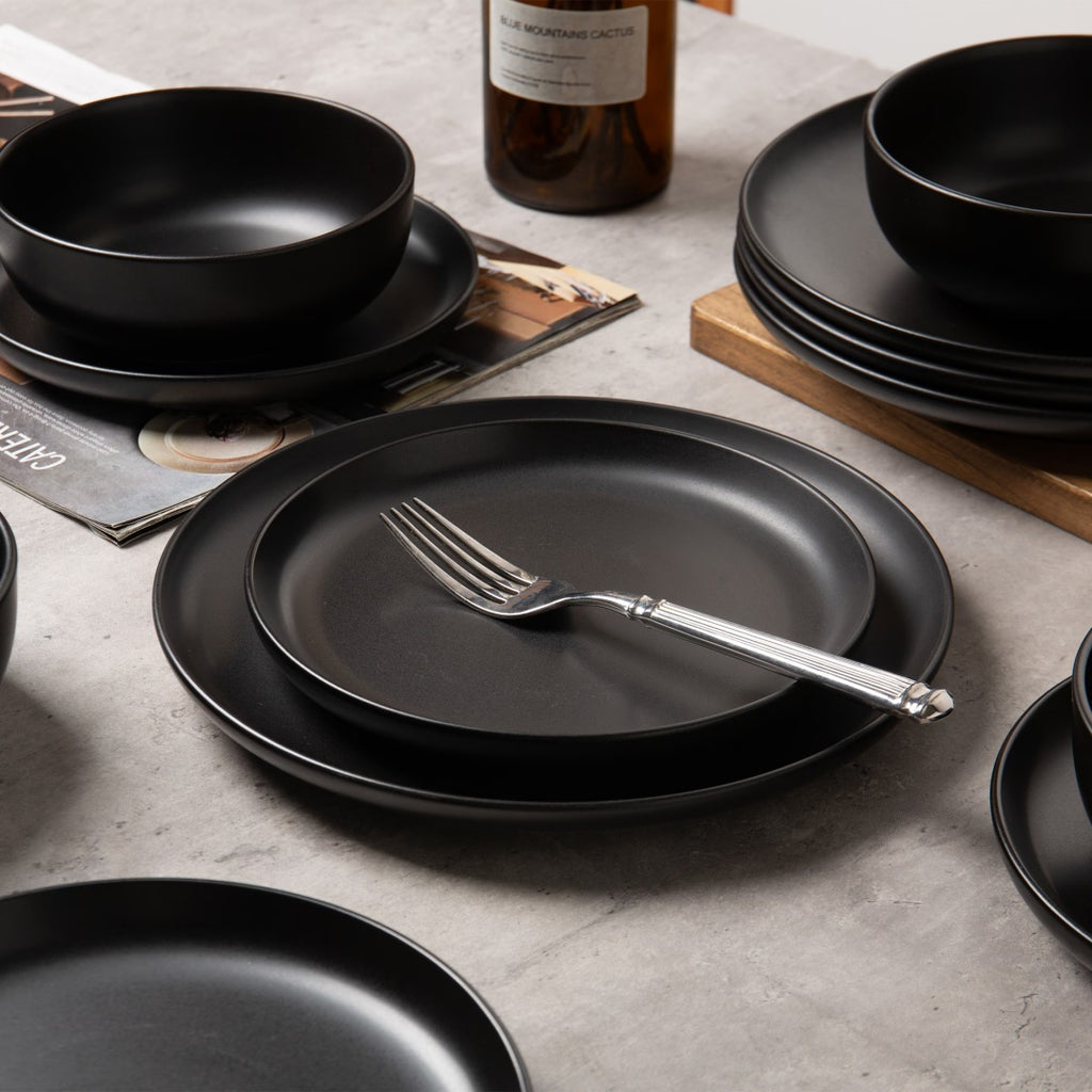 12-Piece Stoneware Dinner Plates Bowls Sets  Microwave & Dishwasher Safe   Non-Toxic Dinner Plates Bowls Set   Stackable Matte Glaze Kitchenware For 4
