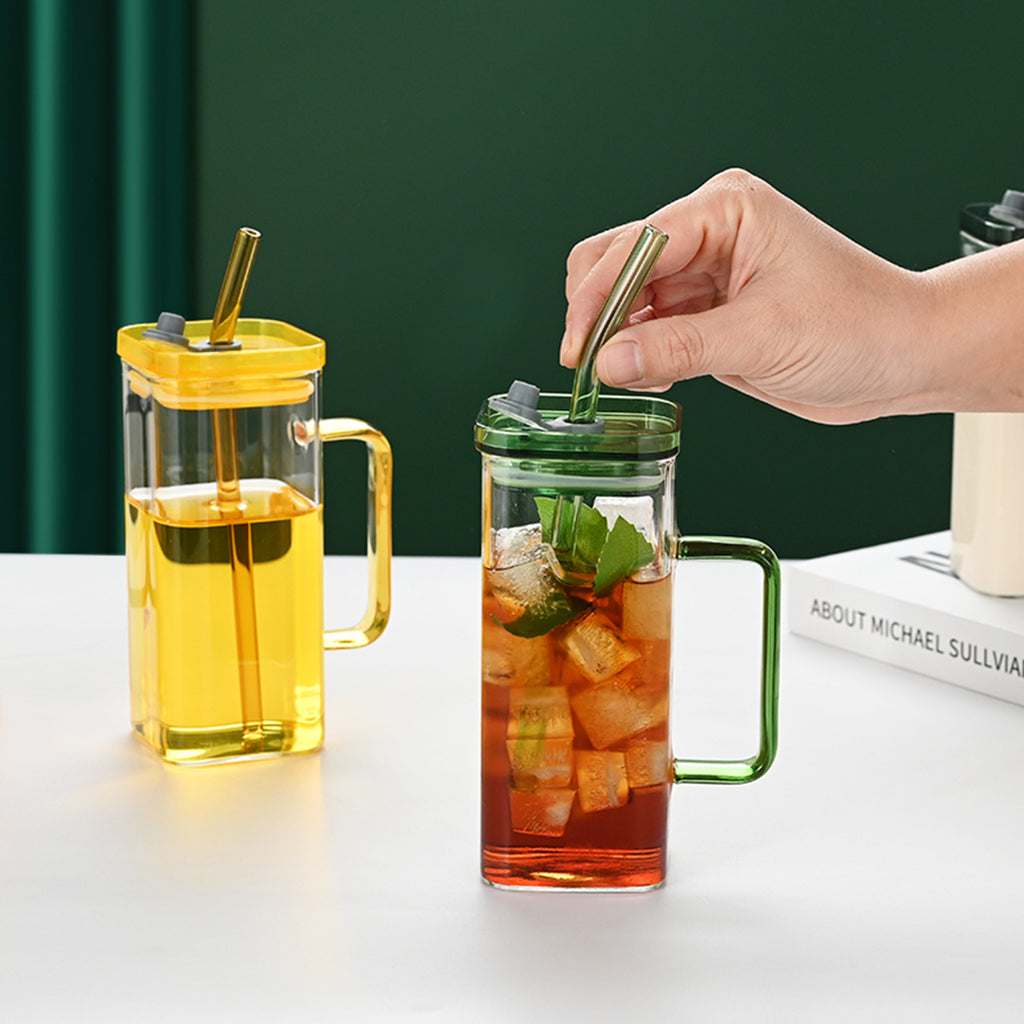 1 Pcs Pink Glass Straw Cup, 6 Colors Square Glass Cup With Straw And Lid, High Borosilicate Glass Cup, Milk Cup, Juice Cup, Cold Drink Cup, Coffee Cup, Tea Cup, Office Cup, Gift Cup