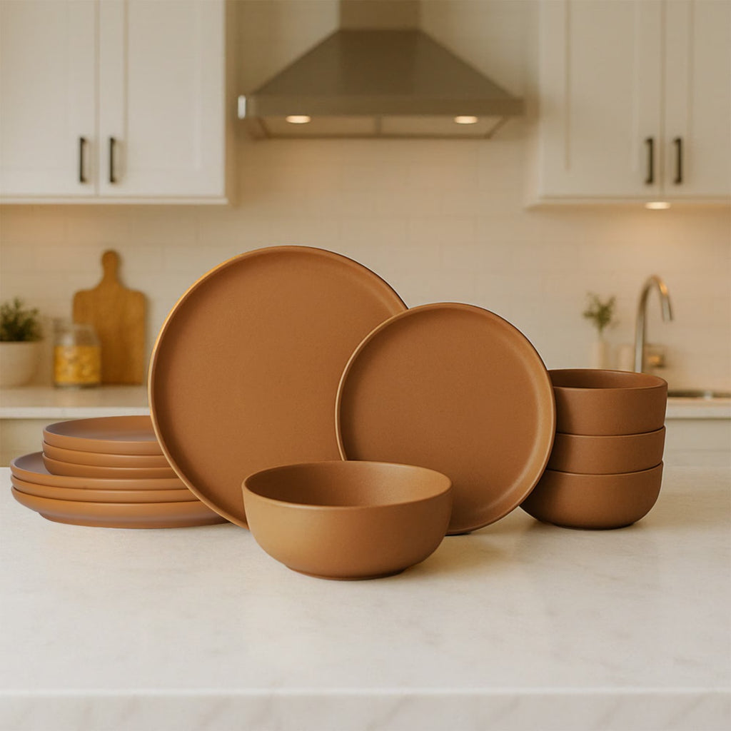 12-Piece Stoneware Dinner Plates Bowls Sets   Microwave & Dishwasher Safe   Non-Toxic Dinner Plates Bowls Set   Stackable Matte Glaze Kitchenware For 4