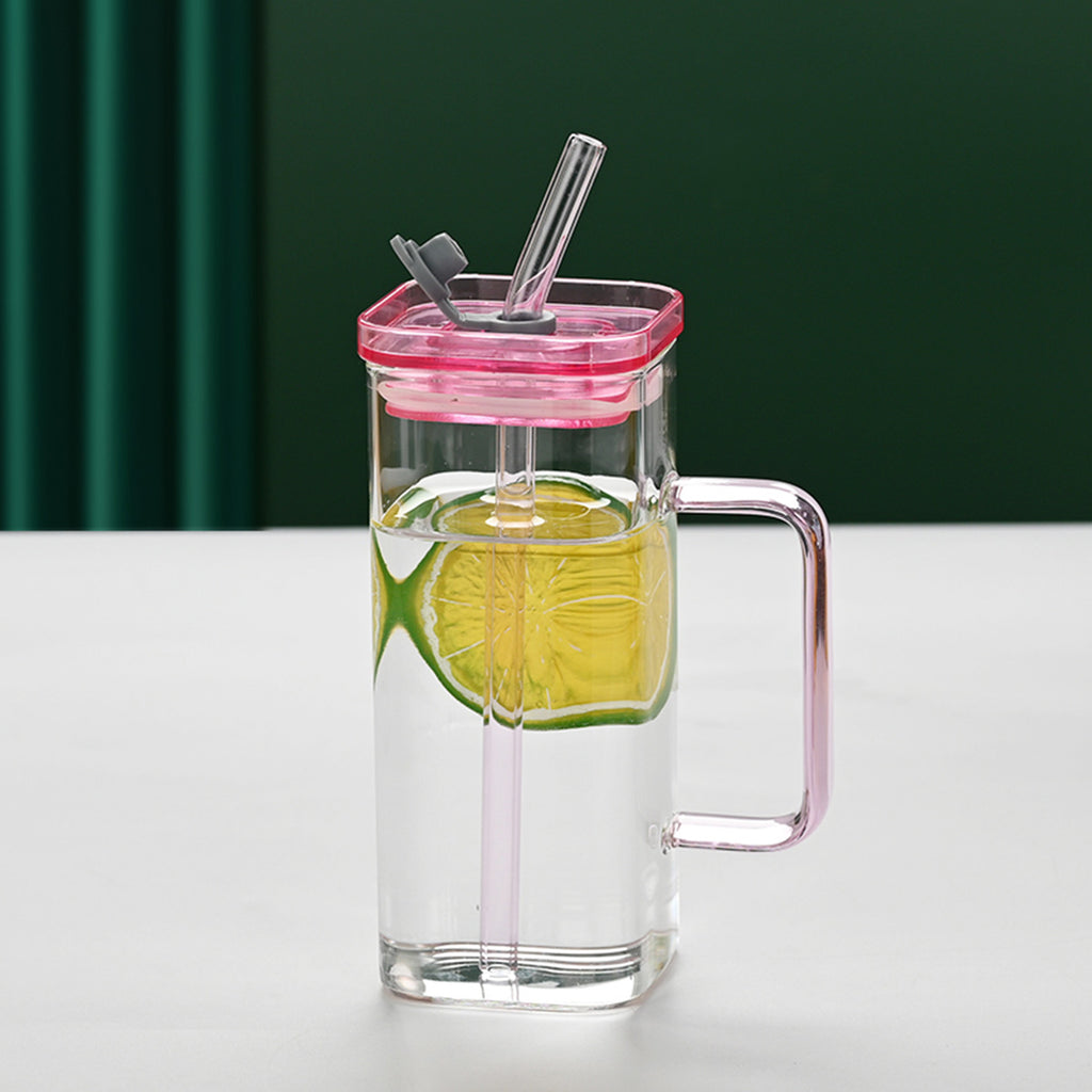 1 Pcs Pink Glass Straw Cup, 6 Colors Square Glass Cup With Straw And Lid, High Borosilicate Glass Cup, Milk Cup, Juice Cup, Cold Drink Cup, Coffee Cup, Tea Cup, Office Cup, Gift Cup