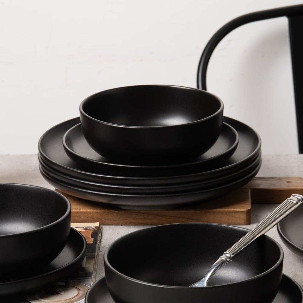 12-Piece Stoneware Dinner Plates Bowls Sets  Microwave & Dishwasher Safe   Non-Toxic Dinner Plates Bowls Set   Stackable Matte Glaze Kitchenware For 4