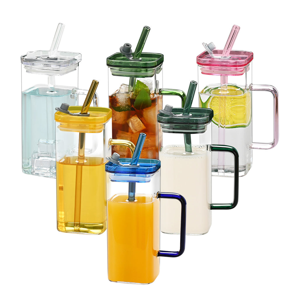 1 Pcs Pink Glass Straw Cup, 6 Colors Square Glass Cup With Straw And Lid, High Borosilicate Glass Cup, Milk Cup, Juice Cup, Cold Drink Cup, Coffee Cup, Tea Cup, Office Cup, Gift Cup