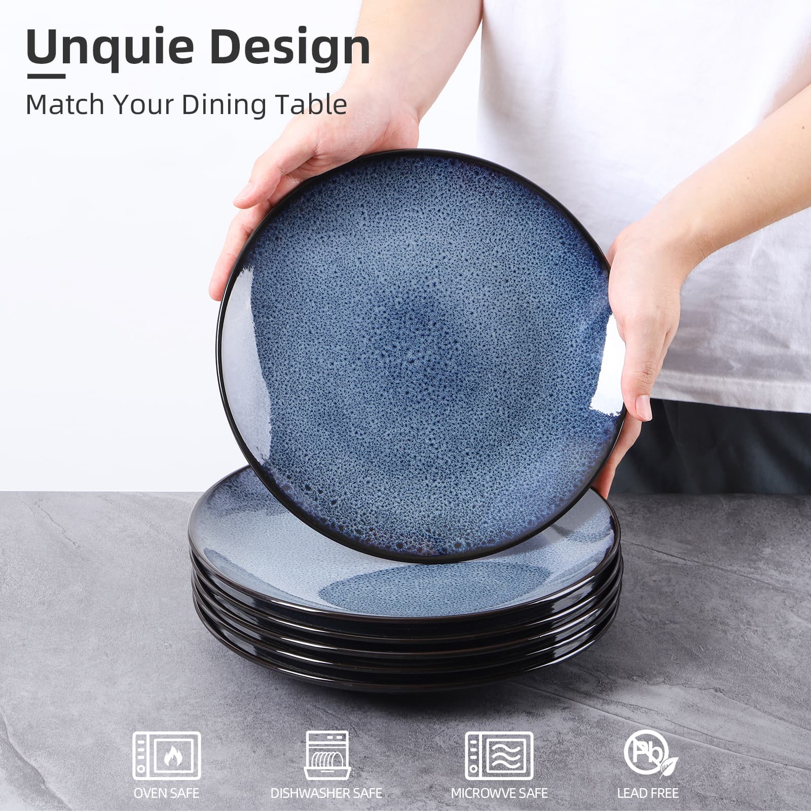 Modern Ceramic Dinner Plates Set of 6 – Blue Steak, Pasta, Salad & Dessert Plates – Microwave & Dishwasher Safe