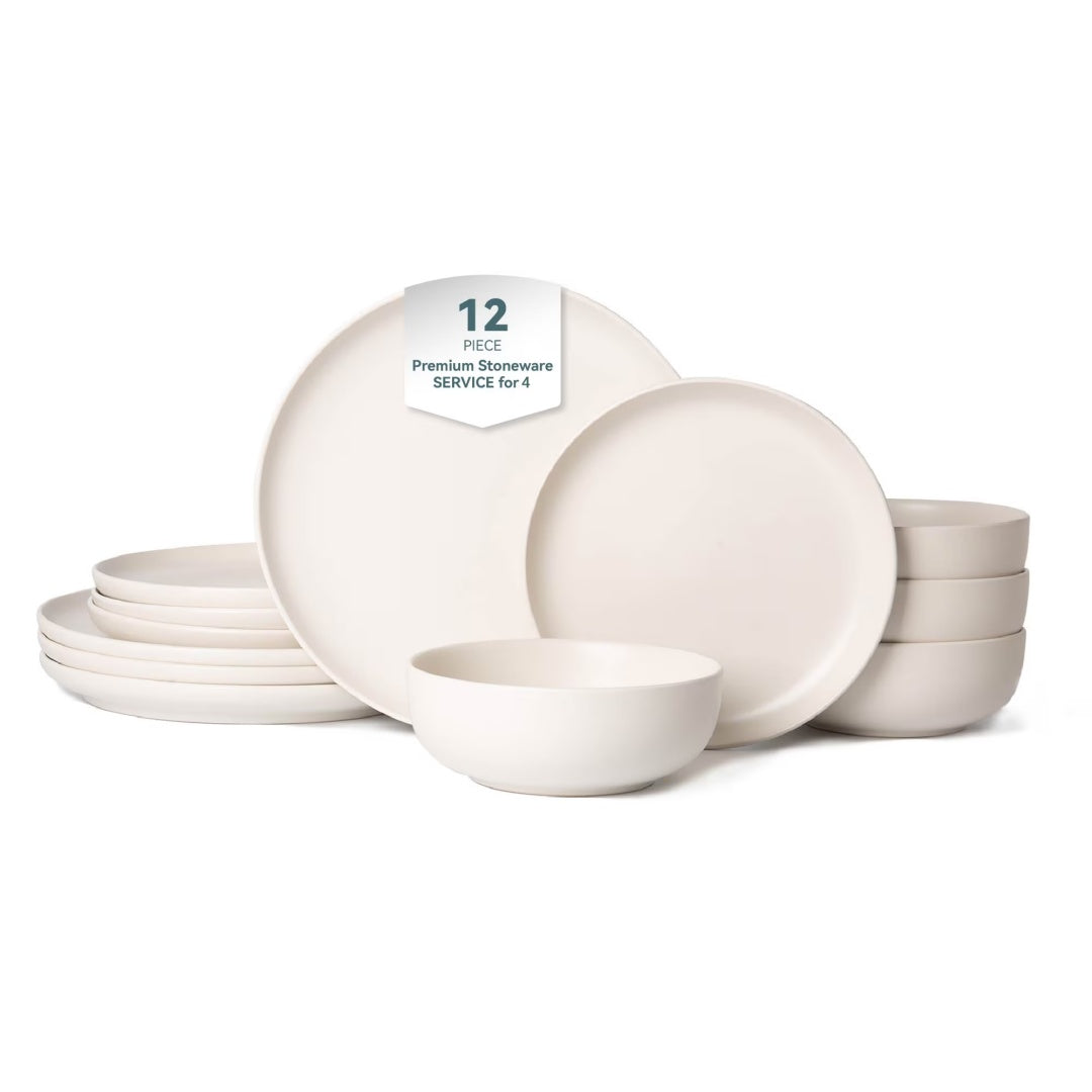 12-Piece Stoneware Dinner Plates Bowls Sets  Microwave & Dishwasher Safe   Non-Toxic Dinner Plates Bowls Set    Stackable Matte Glaze Kitchenware For 4
