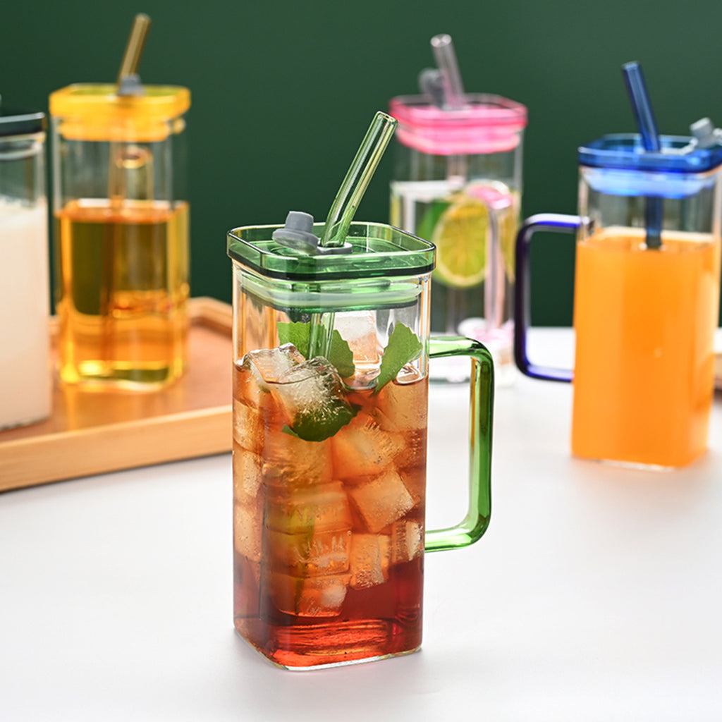 1 Pcs Blue Glass Straw Cup, 6 Colors Square Glass Cup With Straw And Lid, High Borosilicate Glass Cup, Milk Cup, Juice Cup, Cold Drink Cup, Coffee Cup, Tea Cup, Office Cup, Gift Cup