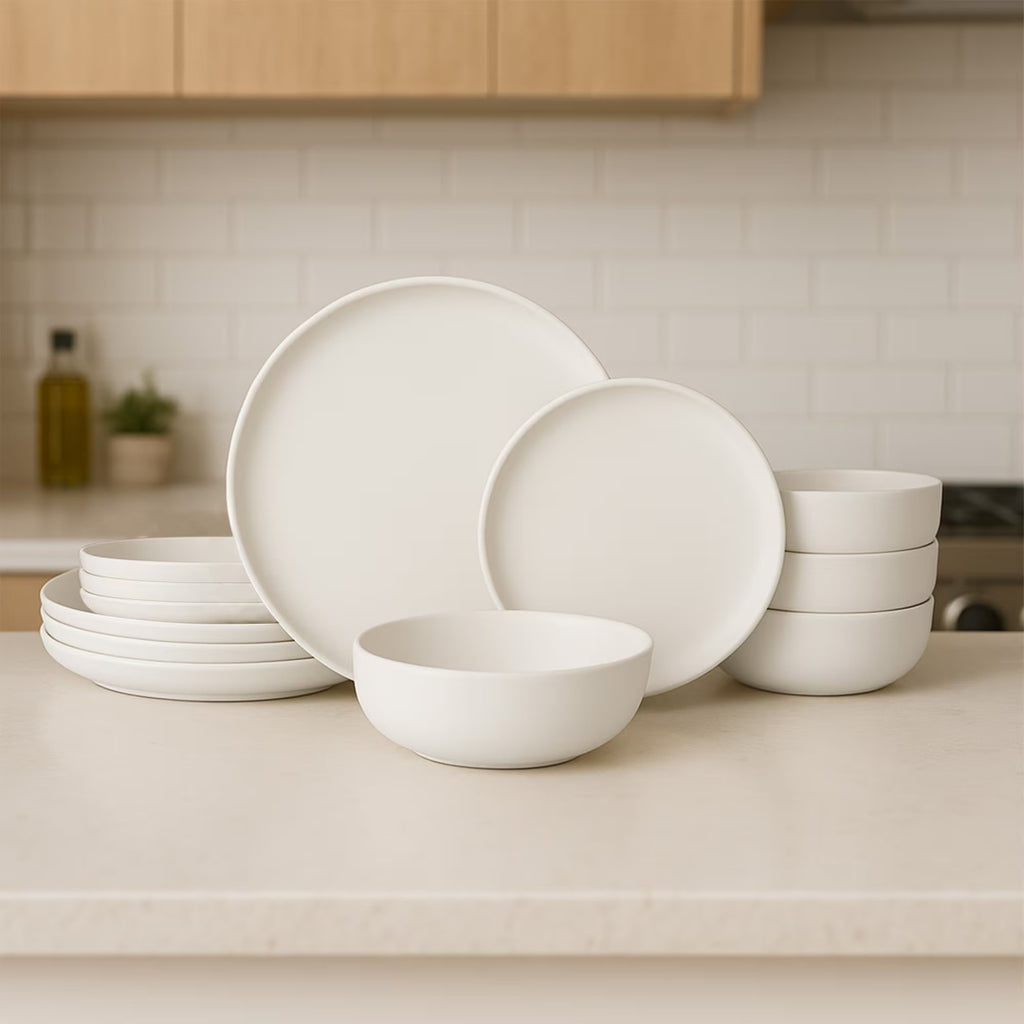 12-Piece Stoneware Dinner Plates Bowls Sets  Microwave & Dishwasher Safe   Non-Toxic Dinner Plates Bowls Set    Stackable Matte Glaze Kitchenware For 4