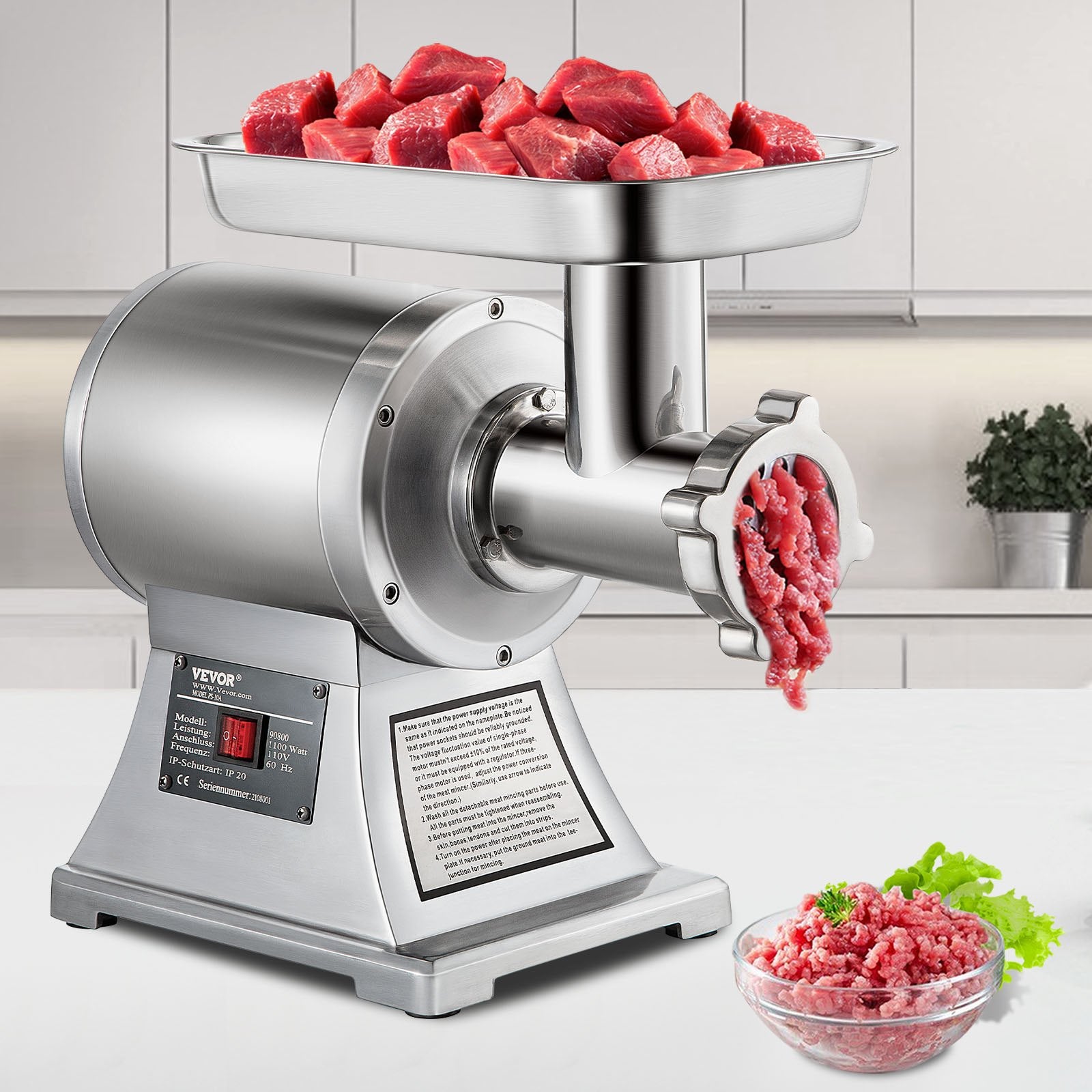 Commercial Meat Grinder,550LB H 1100W Electric Meat Grinder, 220 RPM Heavy Duty Stainless Steel Industrial Meat Mincer W 2 Blades, Grinding Plates  Stuffing Tubes