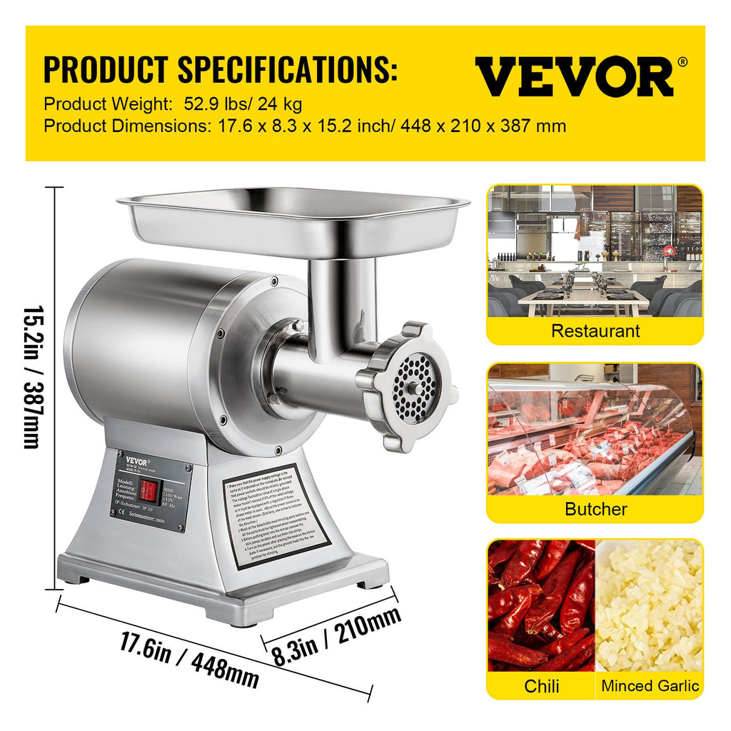Commercial Meat Grinder,550LB H 1100W Electric Meat Grinder, 220 RPM Heavy Duty Stainless Steel Industrial Meat Mincer W 2 Blades, Grinding Plates  Stuffing Tubes