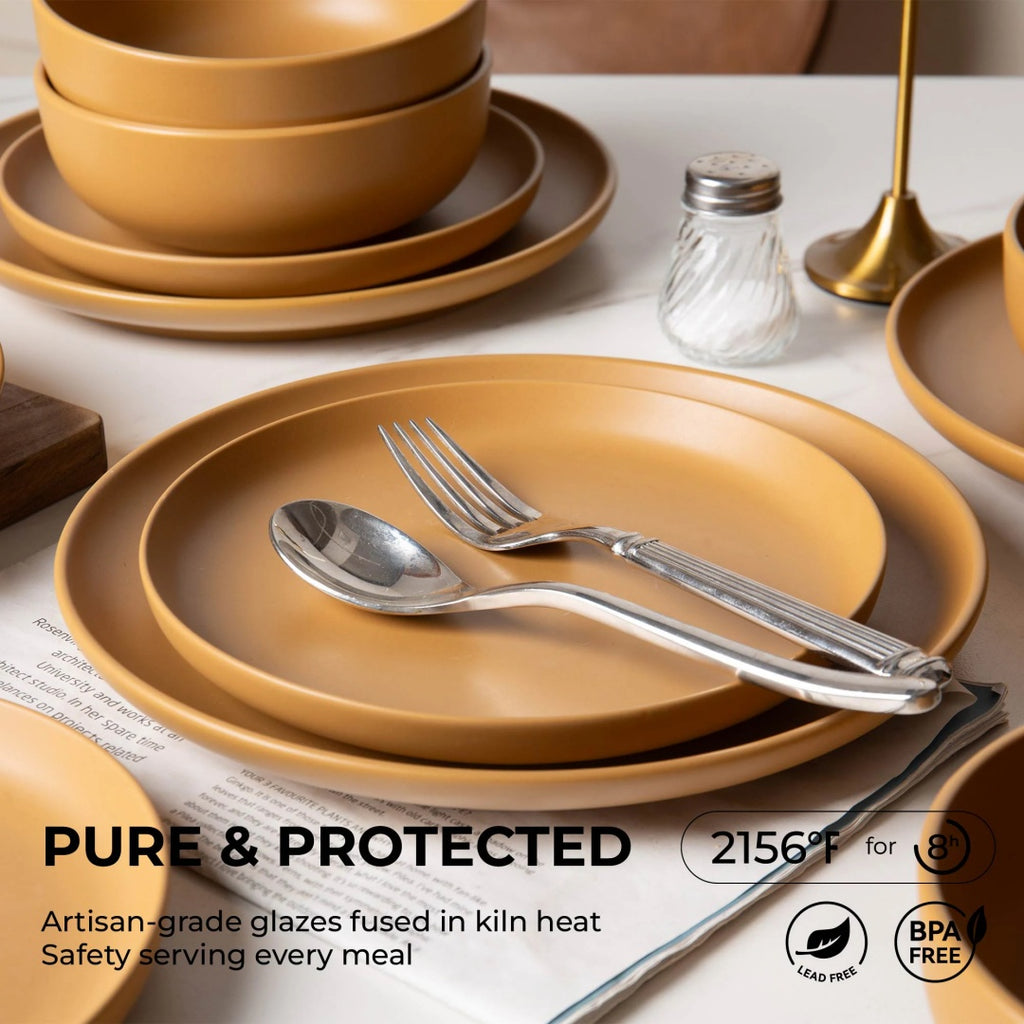12-Piece Stoneware Dinner Plates Bowls Sets   Microwave & Dishwasher Safe   Non-Toxic Dinner Plates Bowls Set   Stackable Matte Glaze Kitchenware For 4
