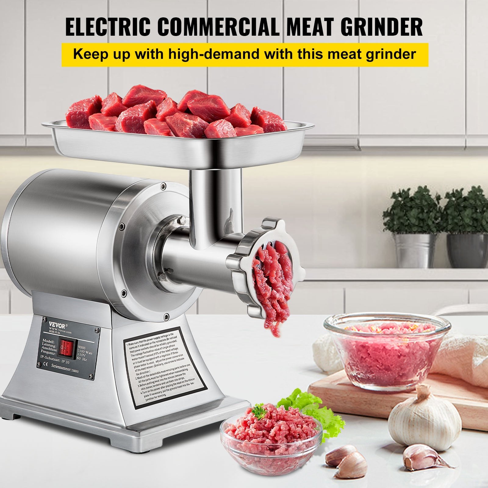 Commercial Meat Grinder,550LB H 1100W Electric Meat Grinder, 220 RPM Heavy Duty Stainless Steel Industrial Meat Mincer W 2 Blades, Grinding Plates  Stuffing Tubes