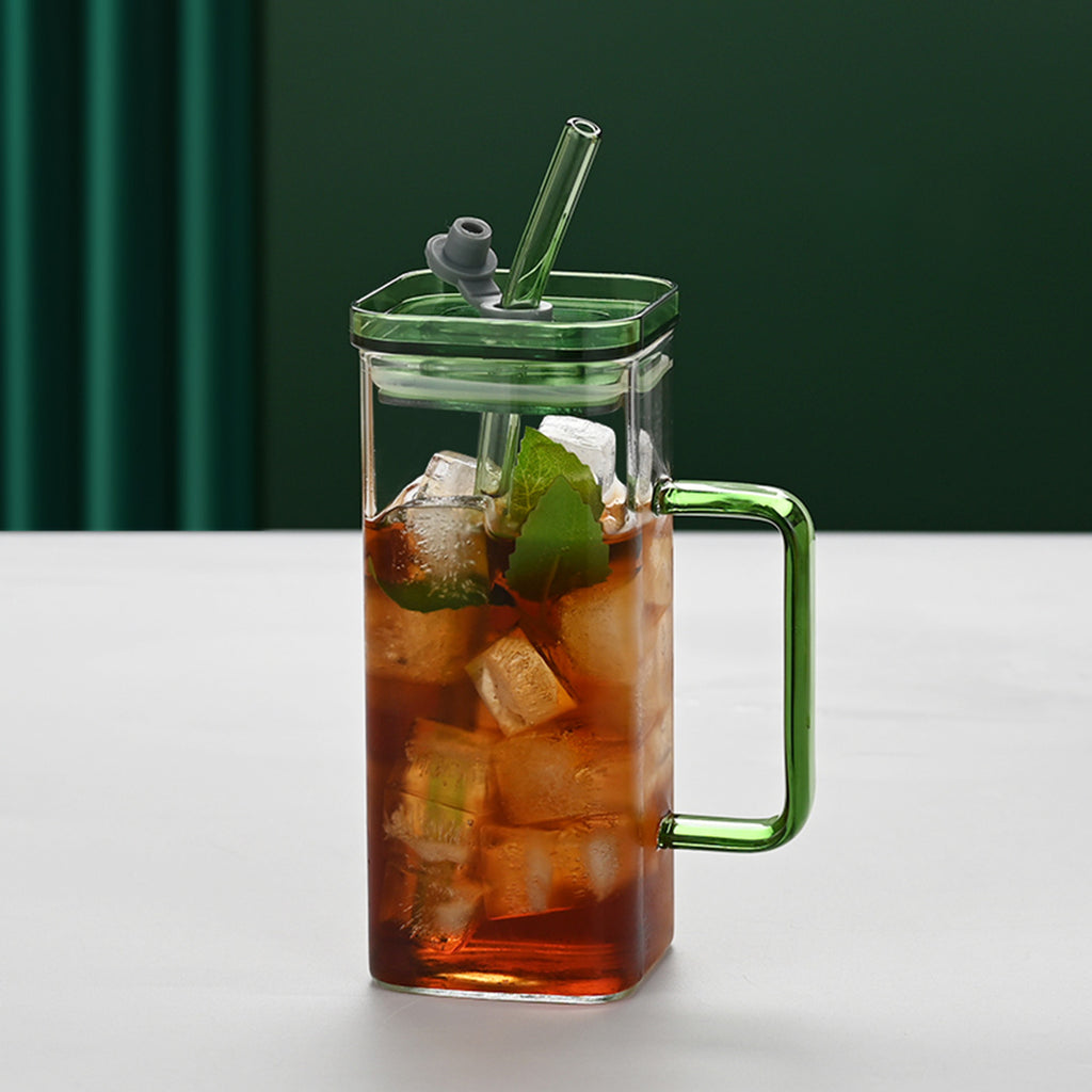 1 Pcs Blue Glass Straw Cup, 6 Colors Square Glass Cup With Straw And Lid, High Borosilicate Glass Cup, Milk Cup, Juice Cup, Cold Drink Cup, Coffee Cup, Tea Cup, Office Cup, Gift Cup