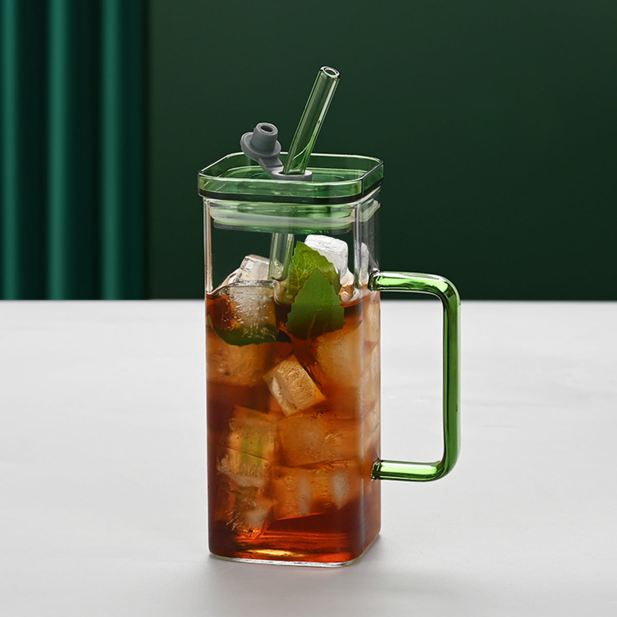 1 Pcs Blue Glass Straw Cup, 6 Colors Square Glass Cup With Straw And Lid, High Borosilicate Glass Cup, Milk Cup, Juice Cup, Cold Drink Cup, Coffee Cup, Tea Cup, Office Cup, Gift Cup