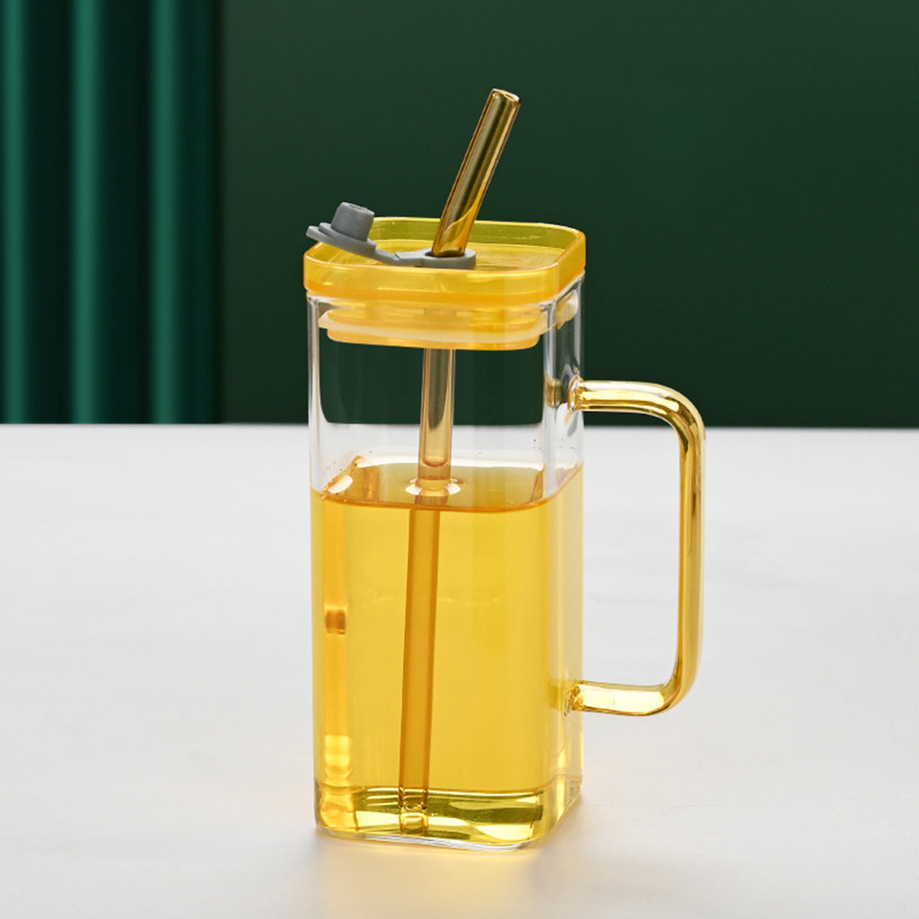 1 Pcs Blue Glass Straw Cup, 6 Colors Square Glass Cup With Straw And Lid, High Borosilicate Glass Cup, Milk Cup, Juice Cup, Cold Drink Cup, Coffee Cup, Tea Cup, Office Cup, Gift Cup