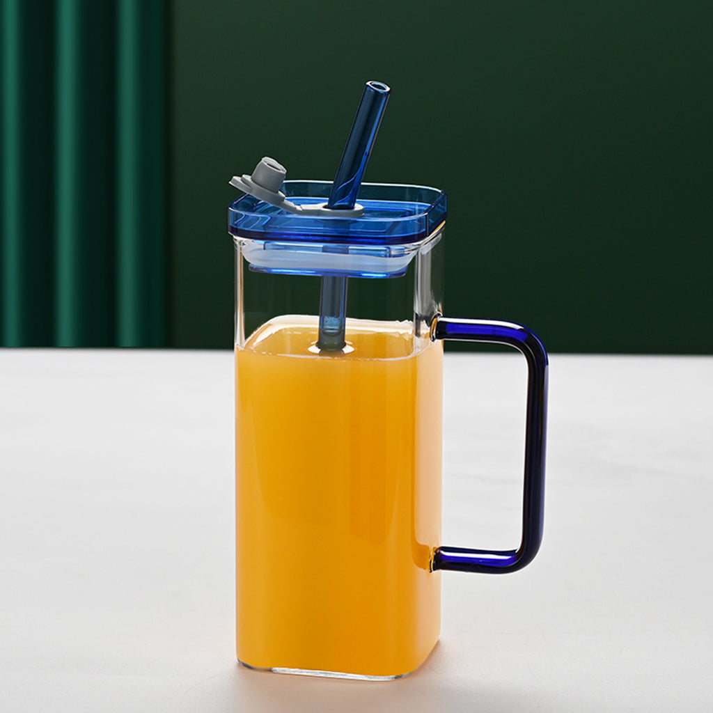 1 Pcs Transparent Glass Straw Cup, 6 Colors Square Glass Cup With Straw And Lid, High Borosilicate Glass Cup, Milk Cup, Juice Cup, Cold Drink Cup, Coffee Cup, Tea Cup, Office Cup, Gift Cup
